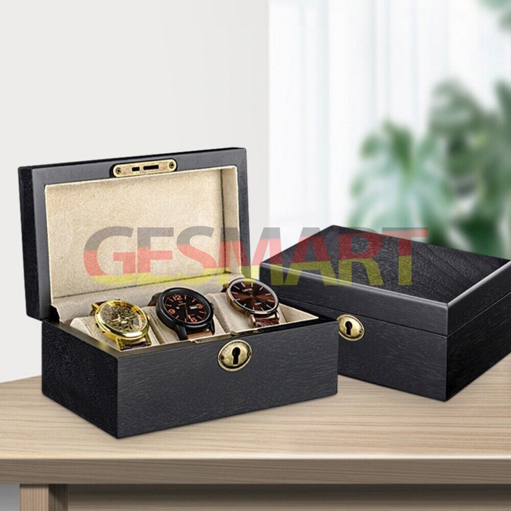 Black wooden watch box organizer with 3 slots, ideal for stylish watch storage and display.