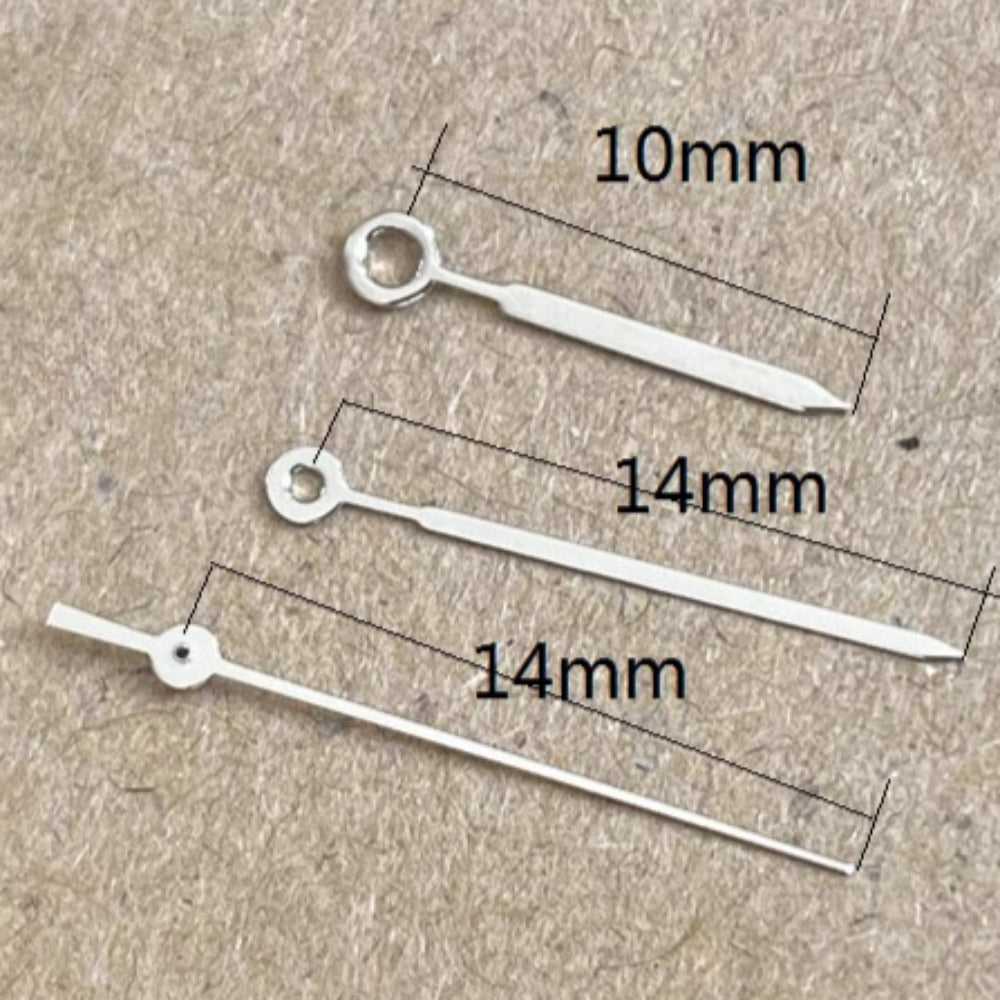 Silver arrow-shaped watch hands for Miyota 2035 quartz movement, ideal for precise timekeeping accessories.