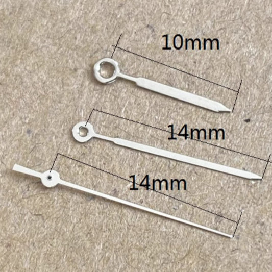 Silver arrow-shaped watch hands for Miyota 2035 quartz movement, ideal for precise timekeeping accessories.