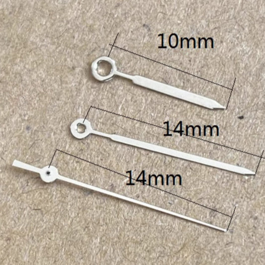 Silver arrow-shaped watch hands for Miyota 2035 quartz movement, 14x14x10mm, precise timekeeping accessory.