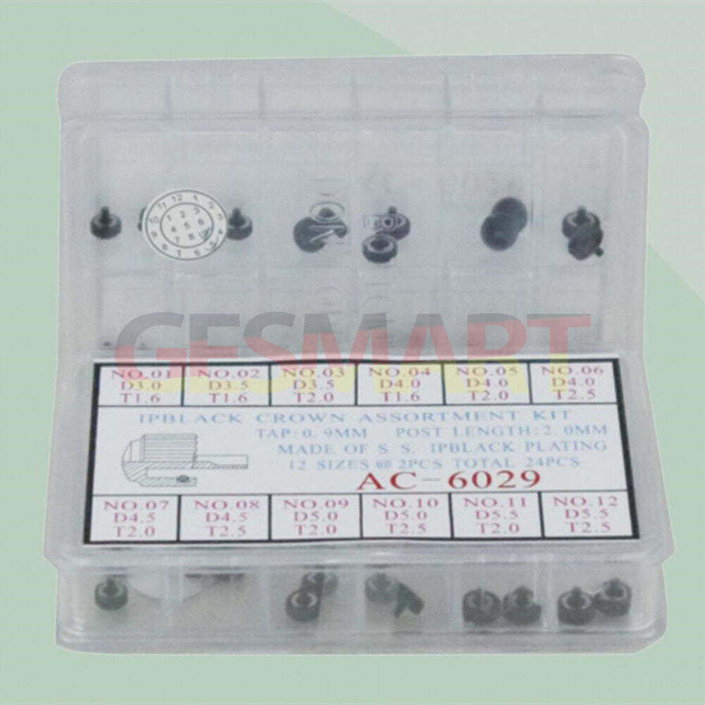 1. Assorted black plated stainless steel watch crowns in 12 sizes.  