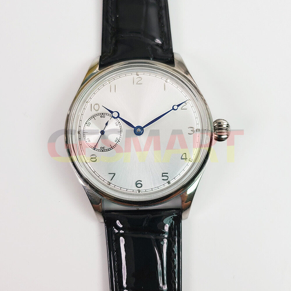 42mm Seagull ST3600 men's watch with manual chain-up mechanical movement and white dial.