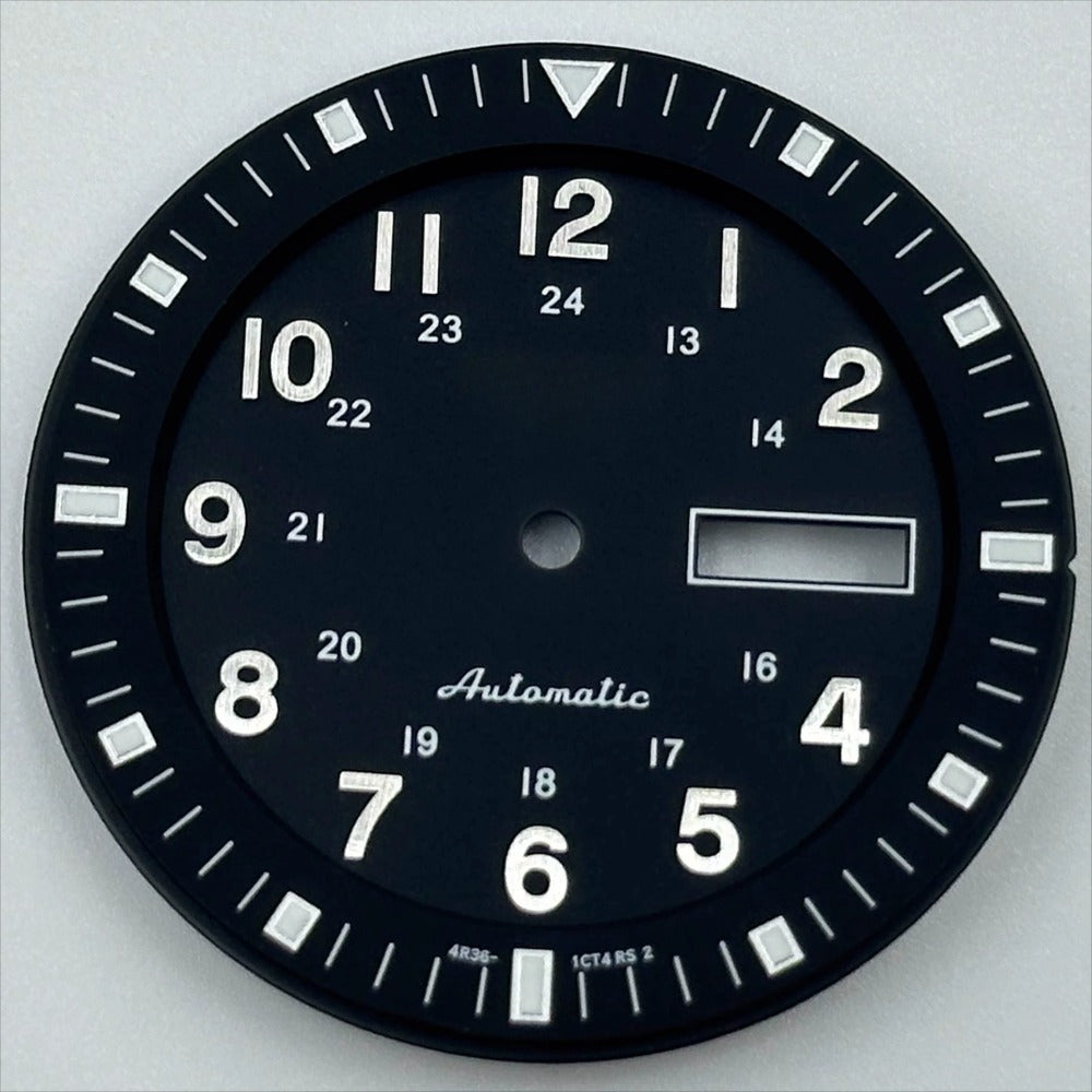 Black and silver 35.5mm Vintage Datejust dial with green luminous markers for NH36 movement