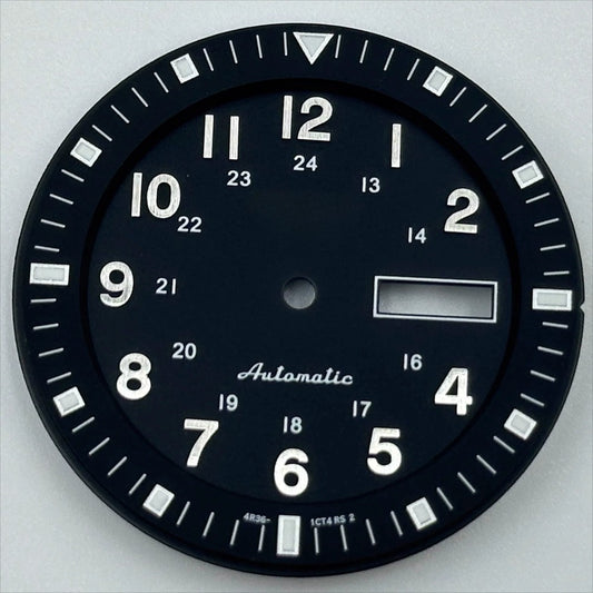 Black and silver 35.5mm Vintage Datejust dial with green luminous markers for NH36 movement