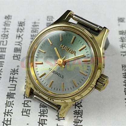 23mm SHANGHAI HAIDA lady watch featuring golden nail markers and blackish green dial for elegant style.