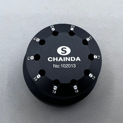 Black rotating stand with 10 slots for 0.6-2.0mm watch screwdrivers, organized storage solution.