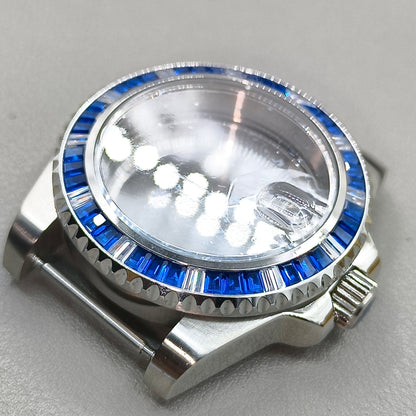 40mm  Watch Case for NH35 NH36 Crystal Blue Bezel Clear Bottom Sapphire Glass