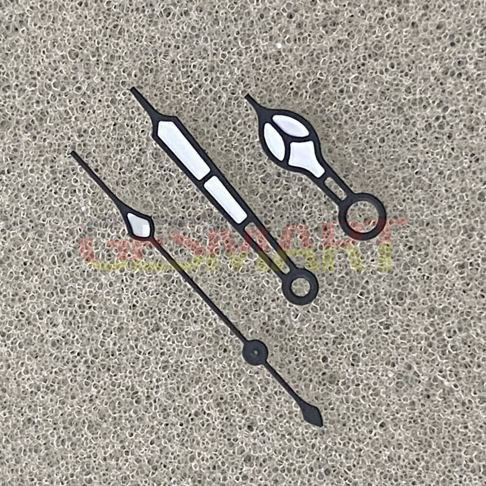 Green luminous watch hands with black and gold trim compatible with NH35, NH36, 4R, and 7S movements.