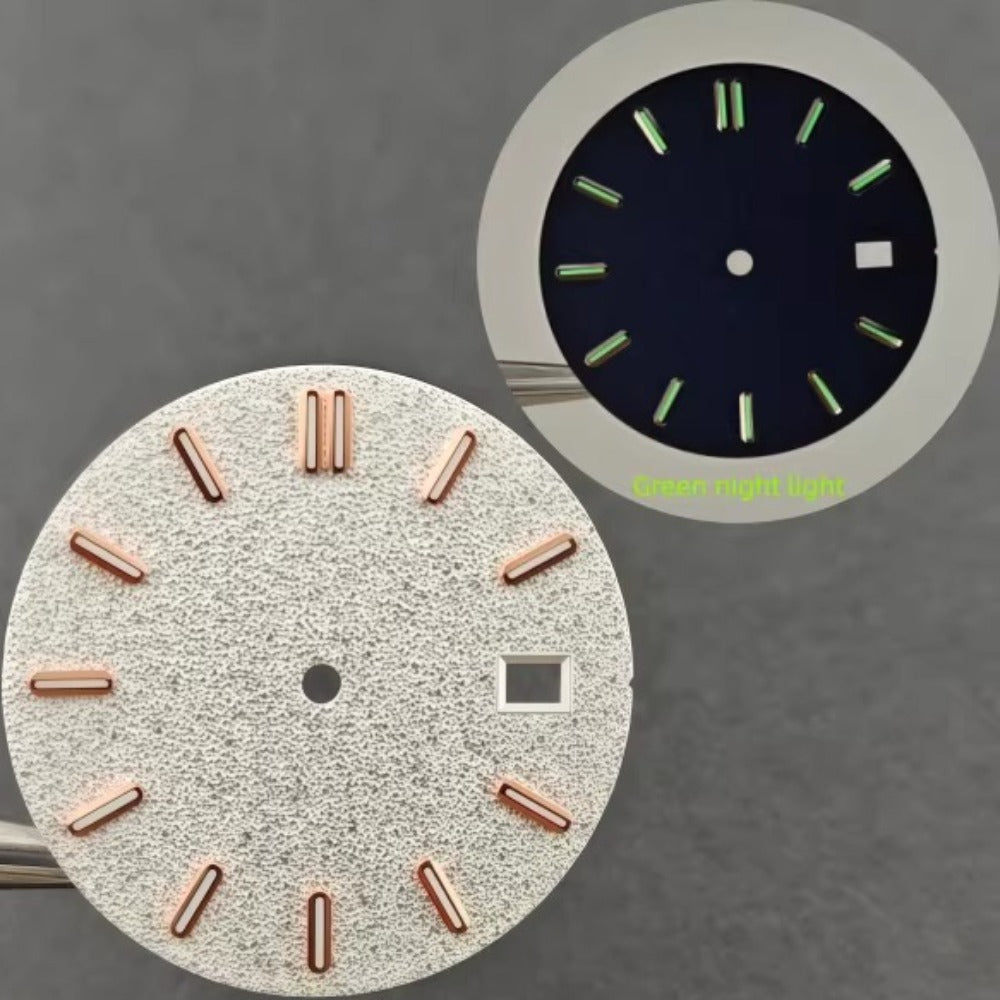 31mm silver matted green lume watch dial with rose gold nails, compatible with NH35 movement.