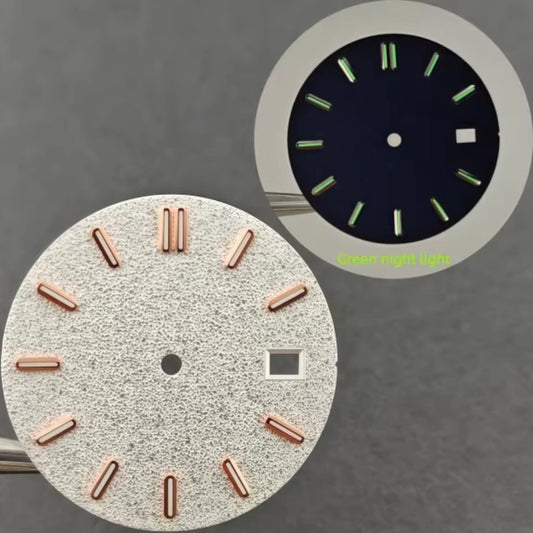 31mm silver matted green lume watch dial with rose gold nails, compatible with NH35 movement.