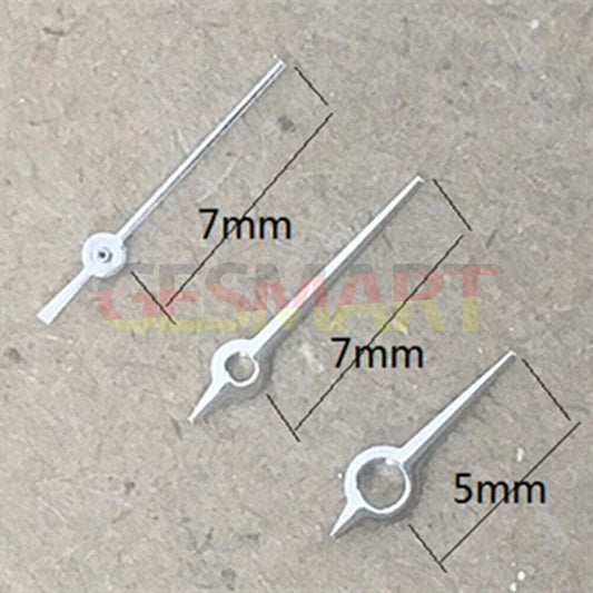 7mm polished silver watch hands by Epson TMI for VJ12 quartz movement, sleek design for watch repairs