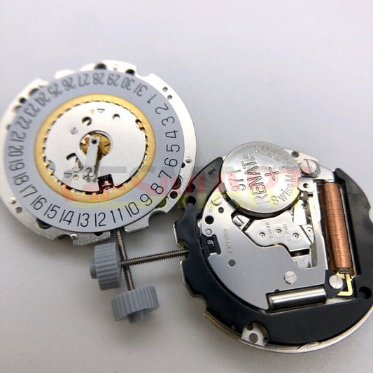 Ronda 705 quartz watch movement with date display at 3 or 6, precise watch repair part.