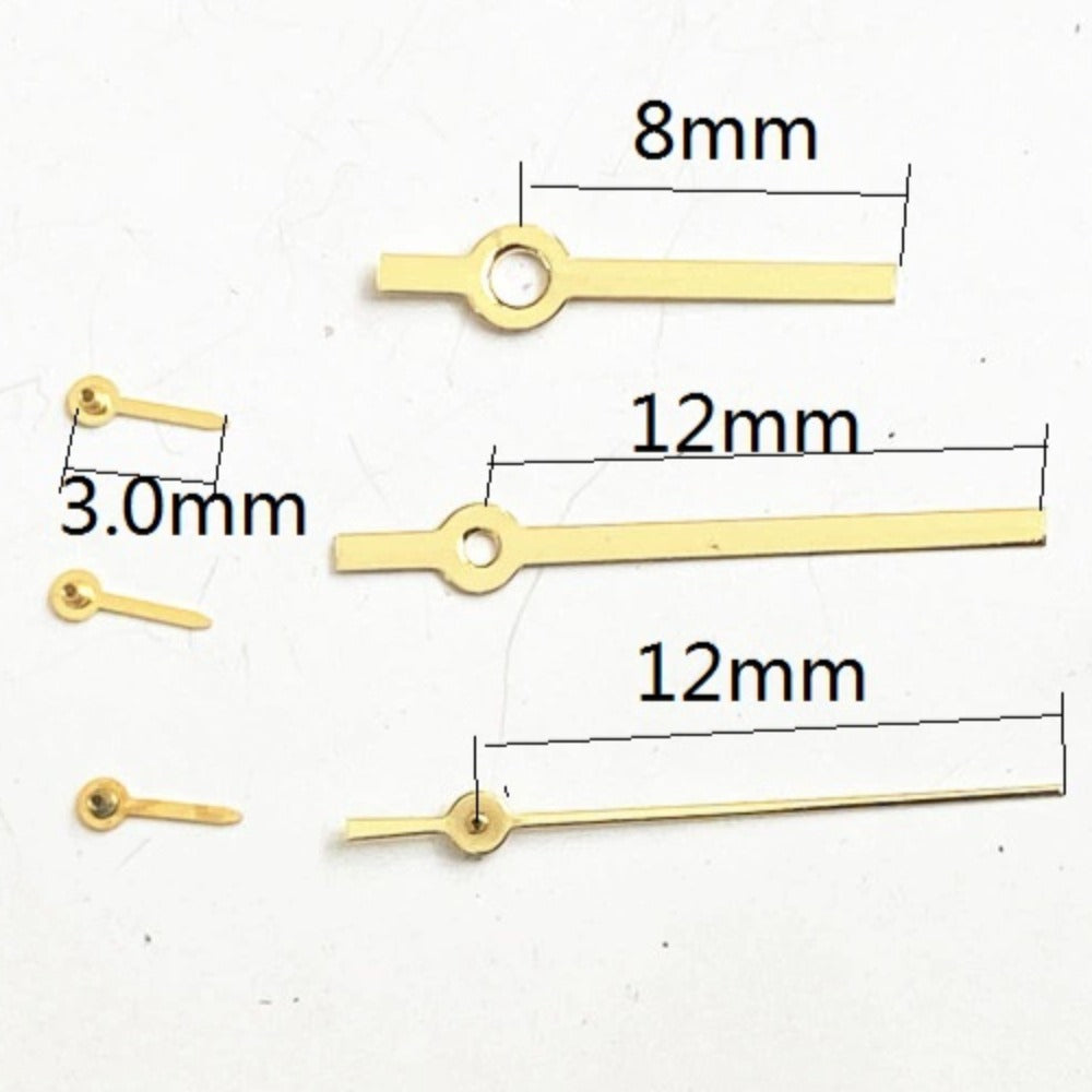 Golden squared pointed watch hands set, 6-hand design for Miyota JS15 quartz movement.
