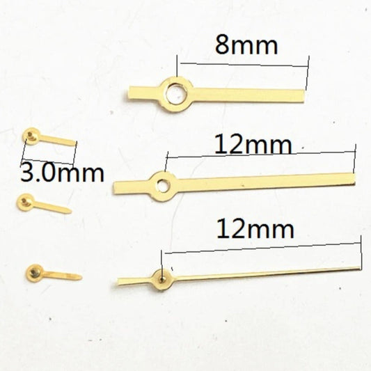 Golden squared pointed 6 hands for Miyota JS15 quartz watch movement, 8x12x12mm size.