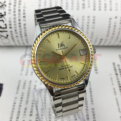 Shanghai Factory 36.5mm manual mechanical watch with 19 jewels, shock-resistant design for durable everyday wear.