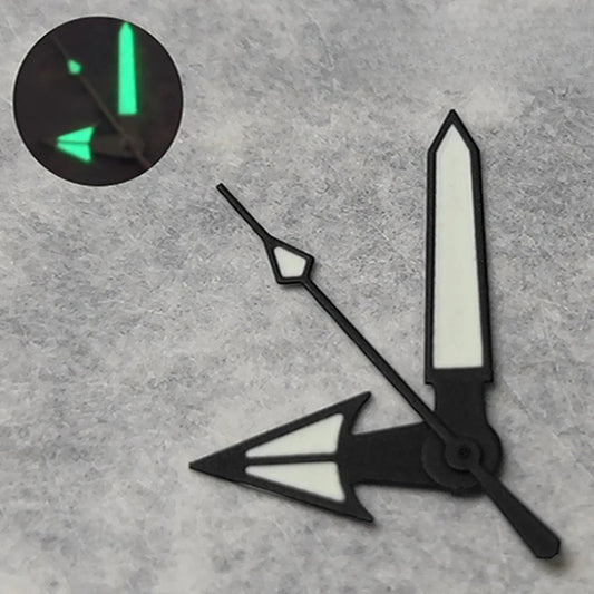 Arrow-shaped 12.5mm black trim watch hands with C3 green lume for NH35 NH36 movements.