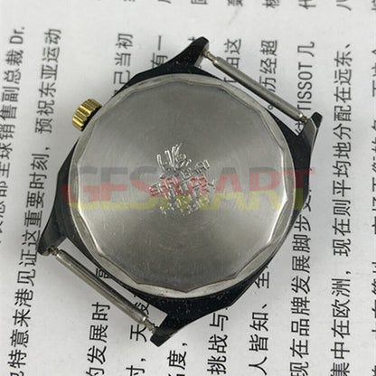Shanghai Factory 33mm manual mechanical watch with double calendar, black dial, classic design.