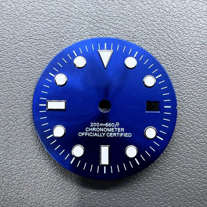 Blue 32mm GMT diving watch dial with green luminous markers for NH34 movement.