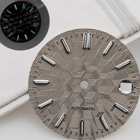 Grey 28.5mm silver lume watch dial with nail markers, no logo, compatible with NH35 NH36 movements.