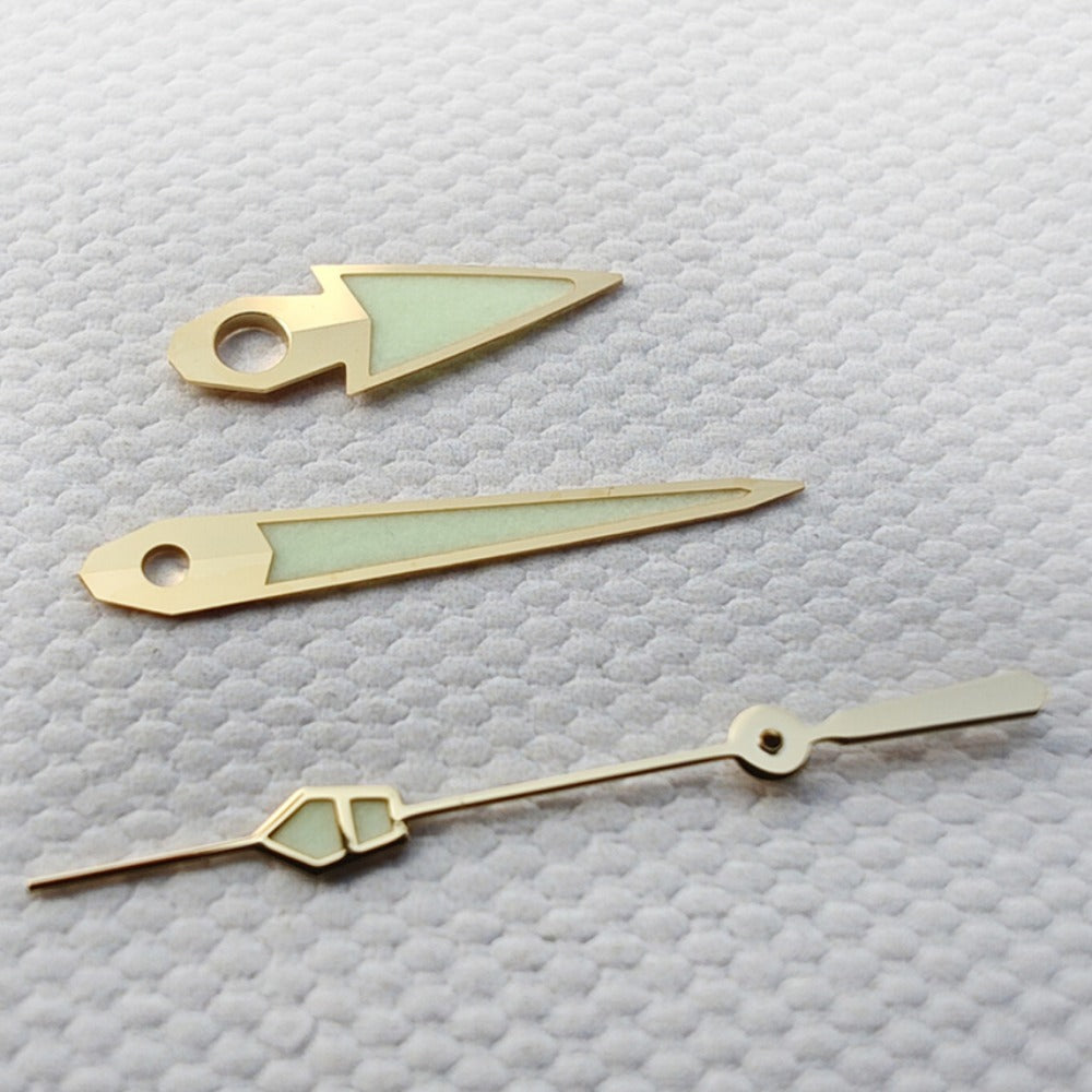 Golden Trim C3 Green Lume vintage watch hands for NH34 NH35 movements with luminous glow and stylish design.