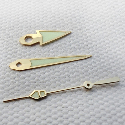 Golden Trim C3 Green Lume vintage watch hands for NH34 NH35 movements with luminous glow and stylish design.