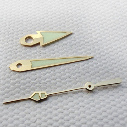 Golden Trim C3 green lume vintage watch hands for NH series movements, combining classic elegance and clear visibility.