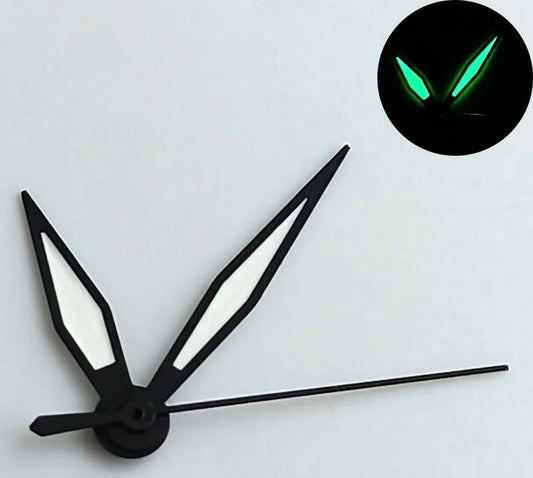 Arrow shape green lume watch hands with black trim for NH35, NH36, 7S26, and NH70 movements.