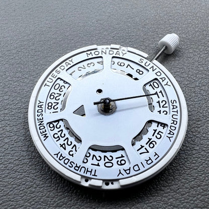 Swiss ISA 1198 watch movement with day-date feature, white dial, date at 3 o?clock.