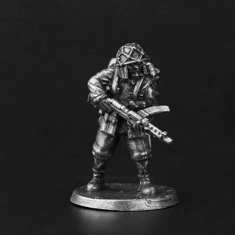 White Brass Figurine WWII Submachine Gunner Miniature - Netted Helmet Figure