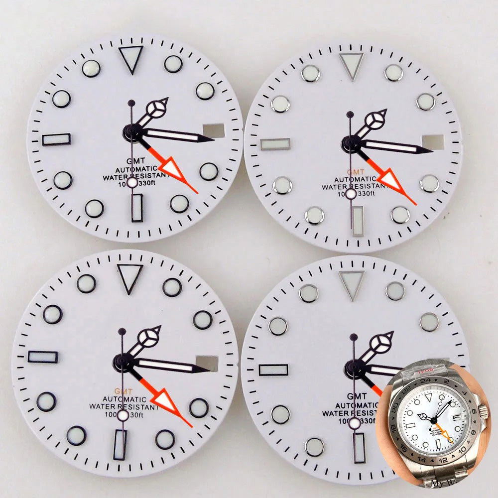 Nologo Sterile 29mm white NH34A watch dial for diver GMT mod, black edge markers, orange hands.