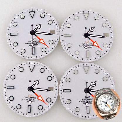 Nologo Sterile 29mm white NH34A watch dial for diver GMT mod, black edge markers, orange hands.