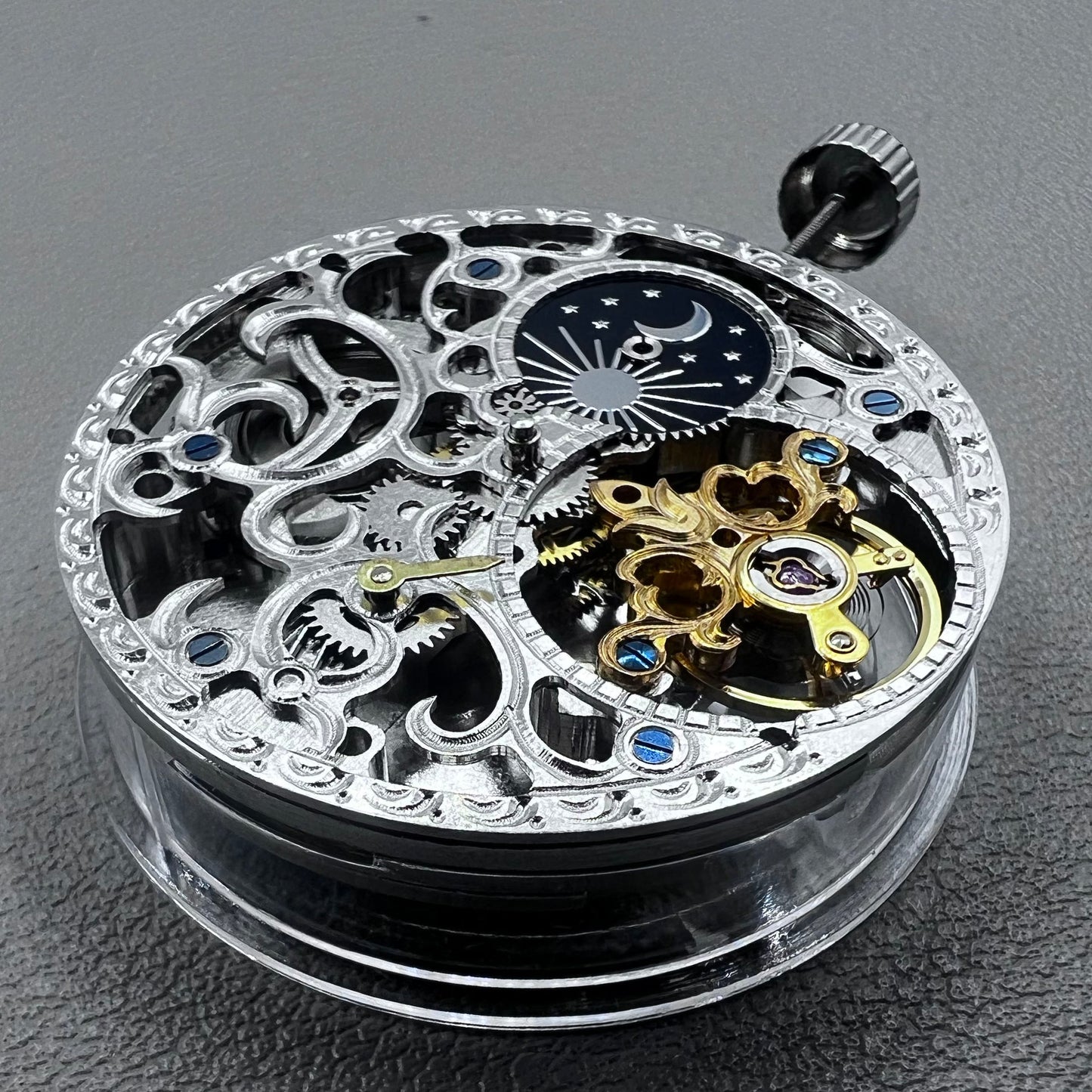 Silver Hollow Mechanical Movement Big Flywheel Moonphase@3