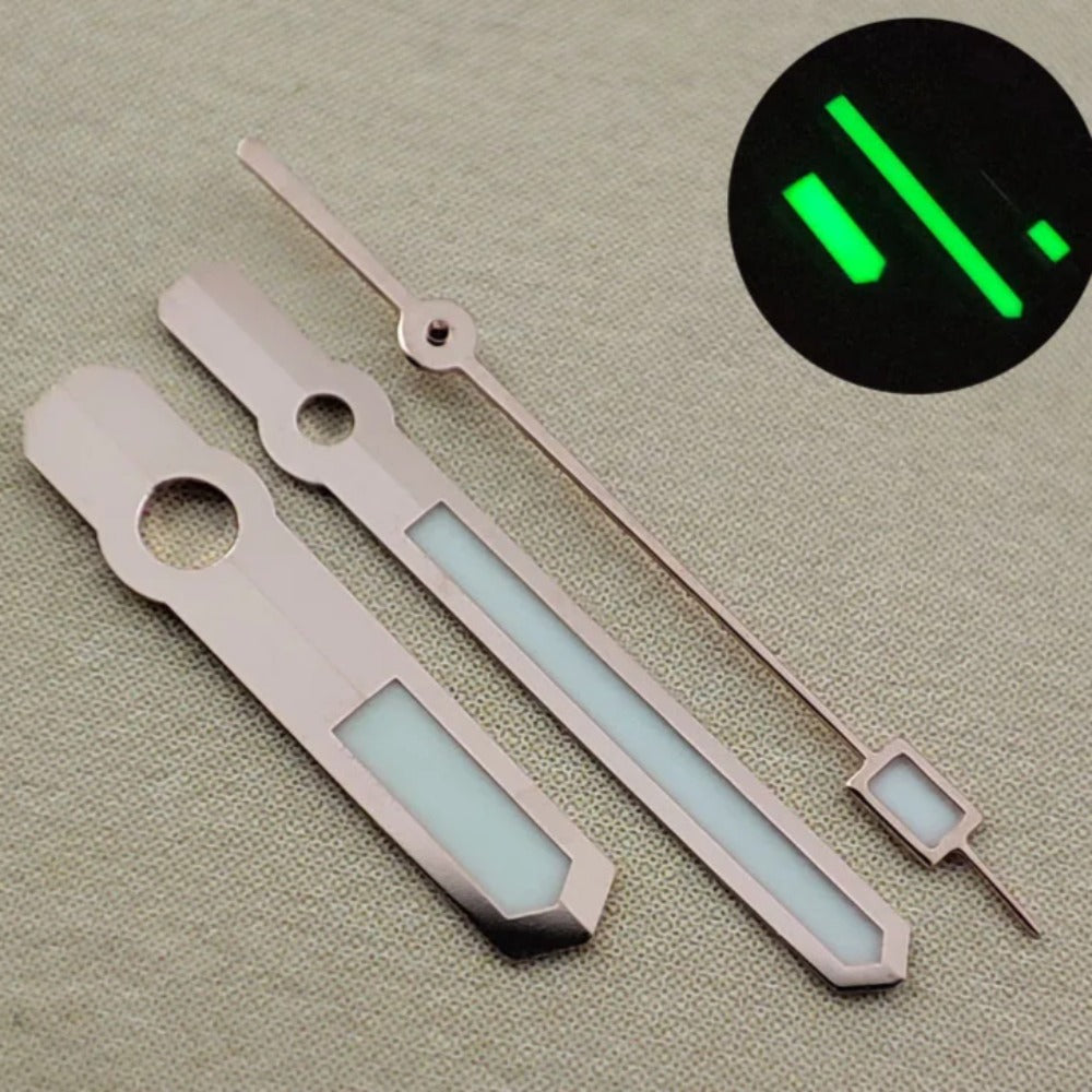 Green luminous 13mm watch hands with rose gold trim for NH35/36 NH38 NH72 movements.