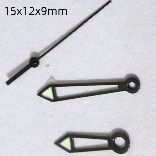 15mm black hollow watch hands with green lume, compatible with Miyota 2035 2115 2105 2305 movements, brand name included.
