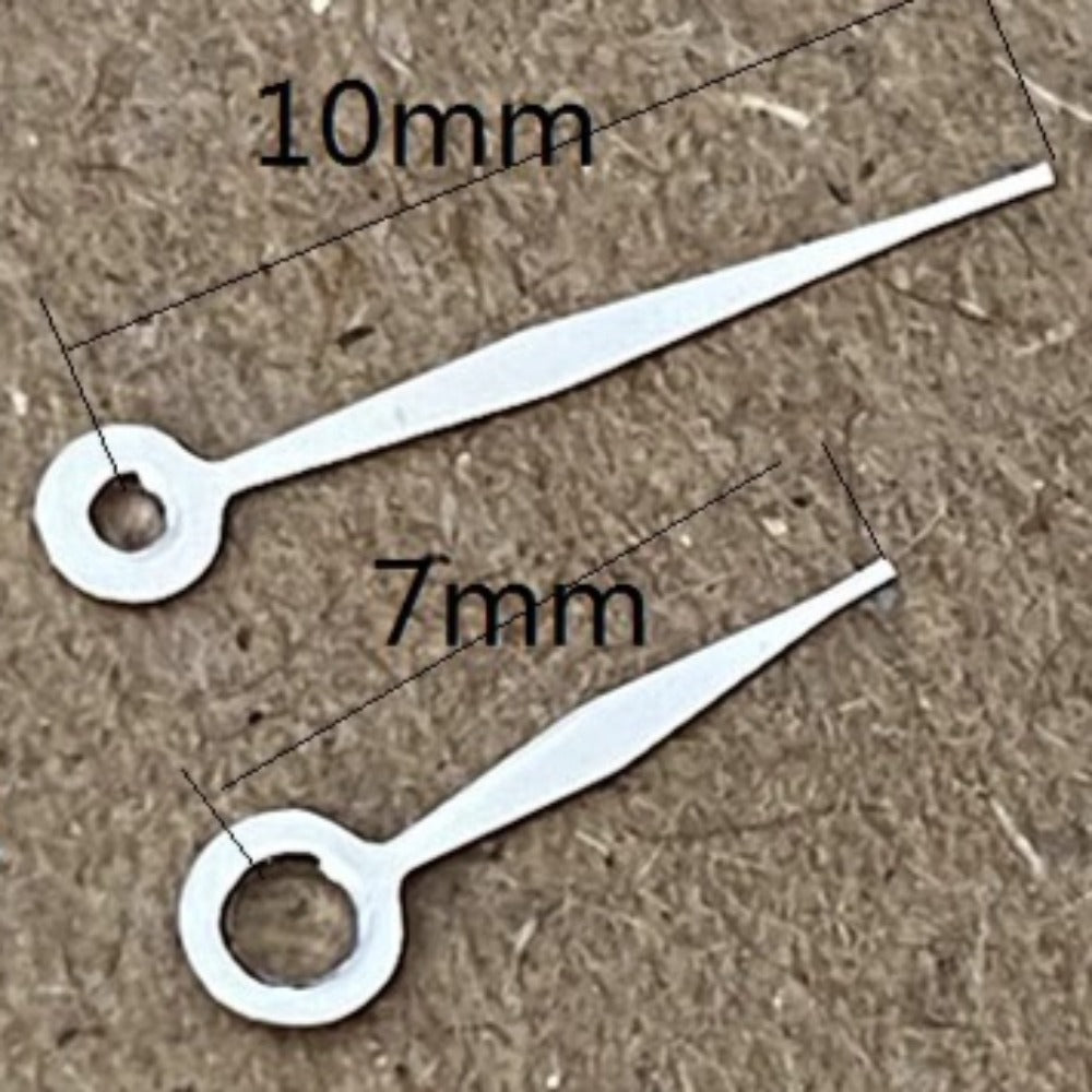 Silver trim 10x7mm watch hands for Ronda 763, 762, 751, 1062, 1063 movements, no lume.