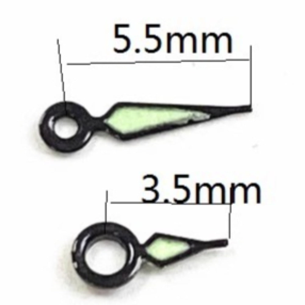 Black trim green lume watch hands for Ronda 763 762 751 1062 1063 movements, precise fit and luminous visibility.