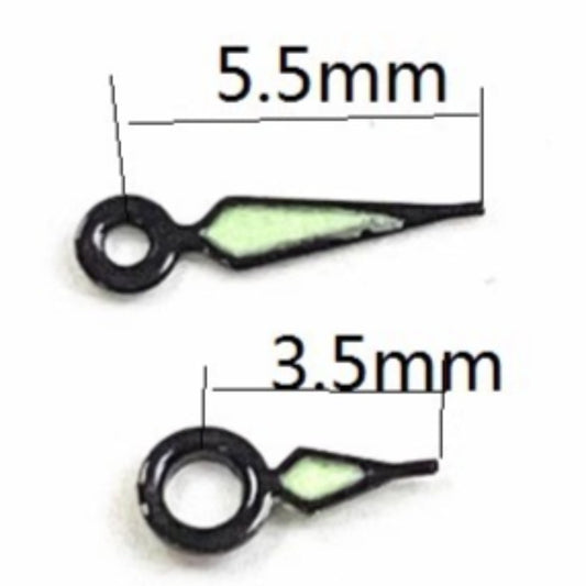Black trim green lume watch hands for Ronda 763 762 751 1062 1063 movements, precise fit and luminous visibility.
