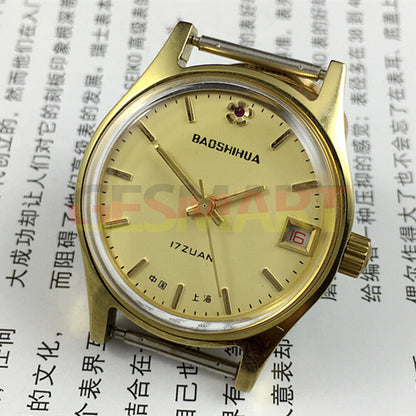 33mm manual mechanical watch with yellow dial, single calendar, 17 jewels, shock-resistant design.