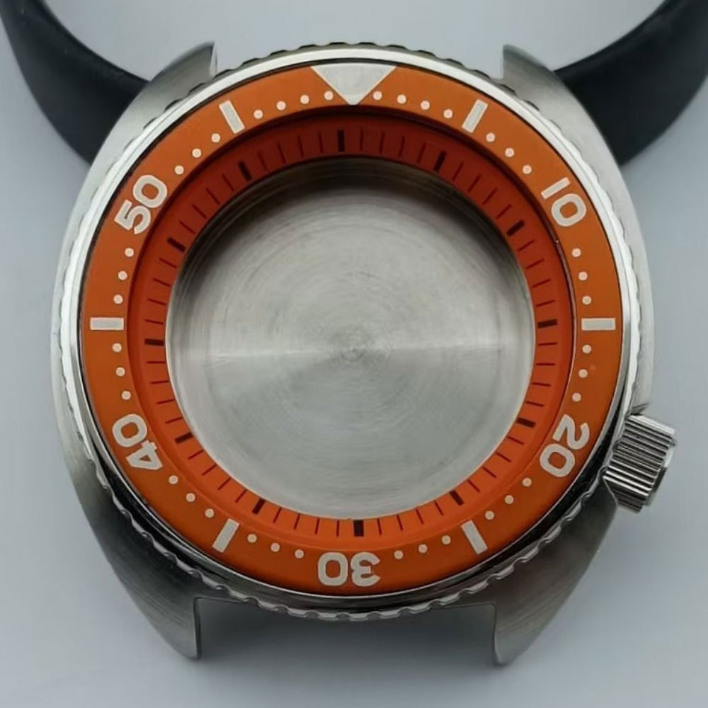 Silver 42.5mm watch case with vibrant orange bezel and ring, compatible with NH35 NH36 NH38 NH70 NH72 movements.