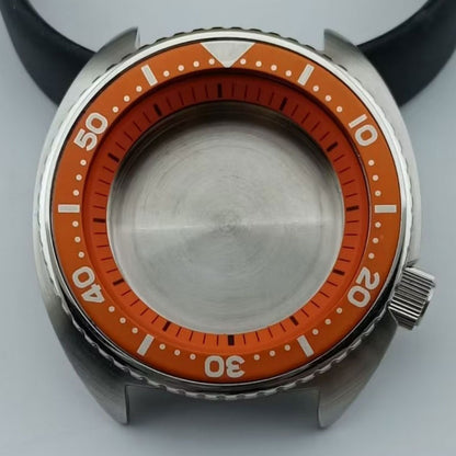 Silver 42.5mm watch case with vibrant orange bezel and ring, compatible with NH35 NH36 NH38 NH70 NH72 movements.