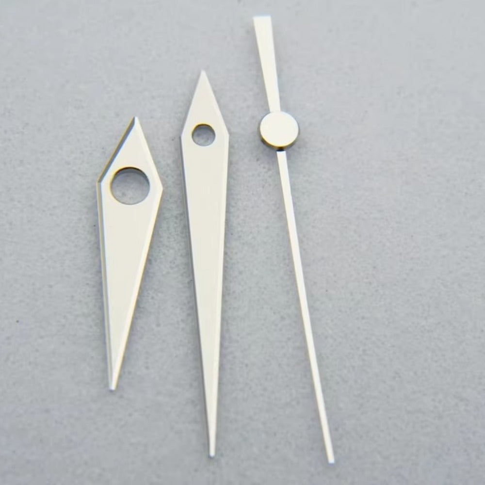 3D silver matted GS watch hands designed for NH35 4R36 movement, enhancing precision and style.