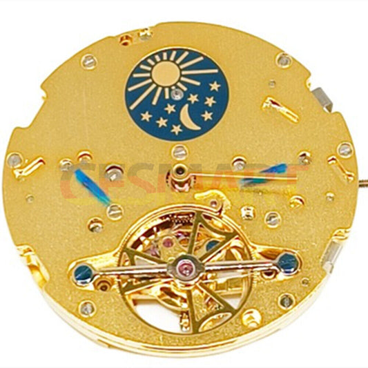 Golden automatic mechanical watch with moon star phase at 12 o?clock and visible flywheel mechanism.