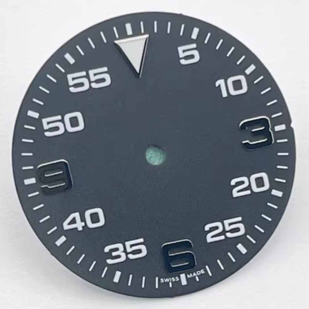 31mm solid black BGW9 blue lume watch dial, compatible with NH35 movement, for precise timekeeping accessories.