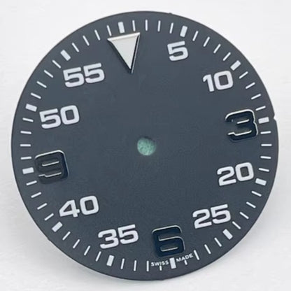 31mm solid black BGW9 blue lume watch dial, compatible with NH35 movement, for precise timekeeping accessories.