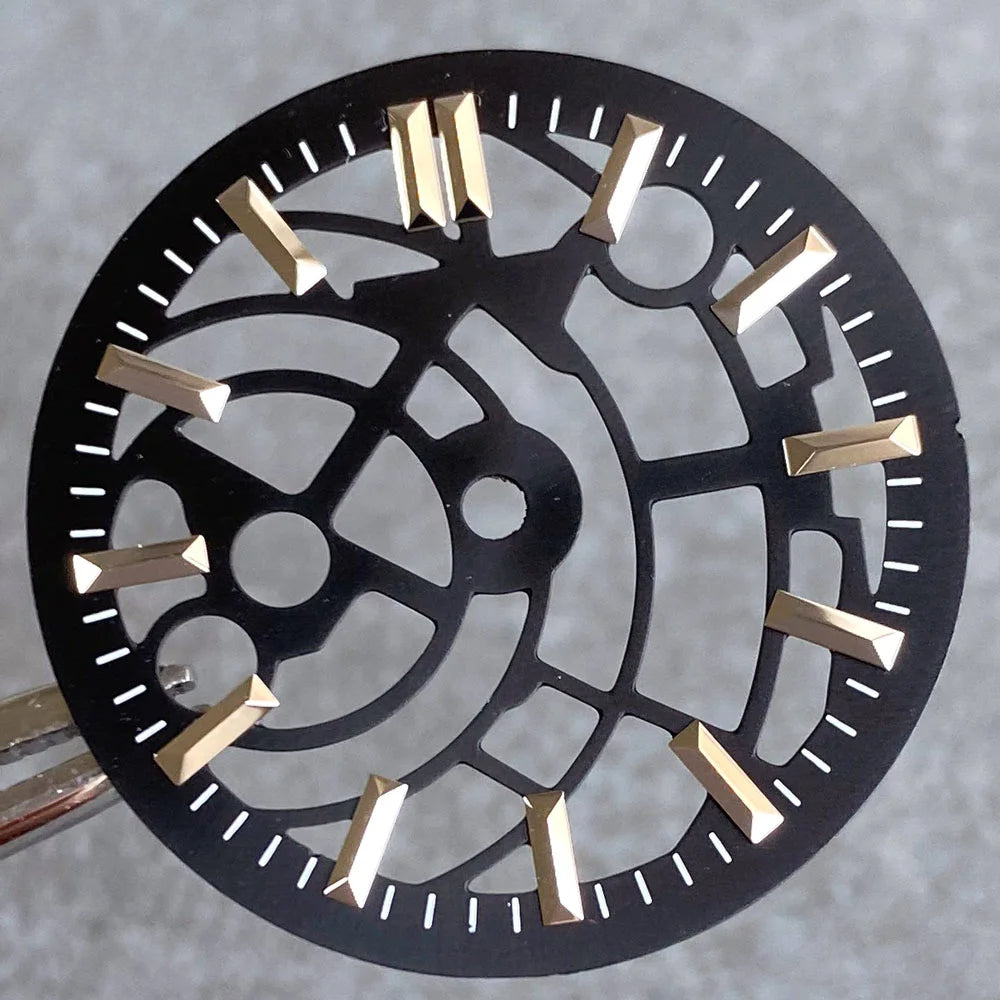 29mm black hollow watch dial designed for NH35 NH38 NH70 NH72 movements, no logo, sleek accessory.