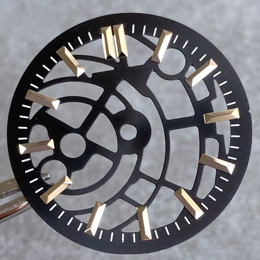 29mm black hollow watch dial designed for NH35 NH38 NH70 NH72 movements, no logo, sleek accessory.
