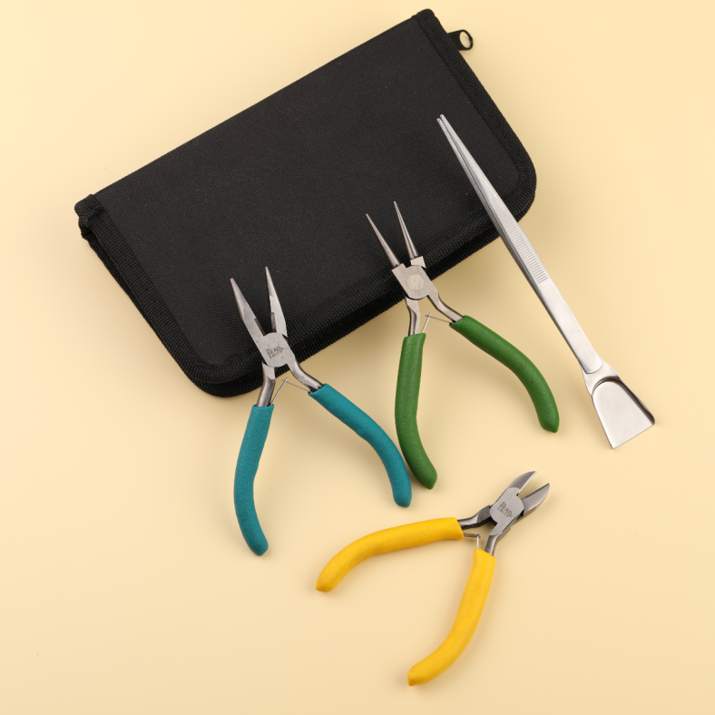 Three-piece plier set with side cutting, round, and flat halfround tips in XYZ brand carrying case for watch repairs