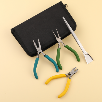 Three-piece plier set with side cutting, round, and flat halfround tips in XYZ brand carrying case for watch repairs