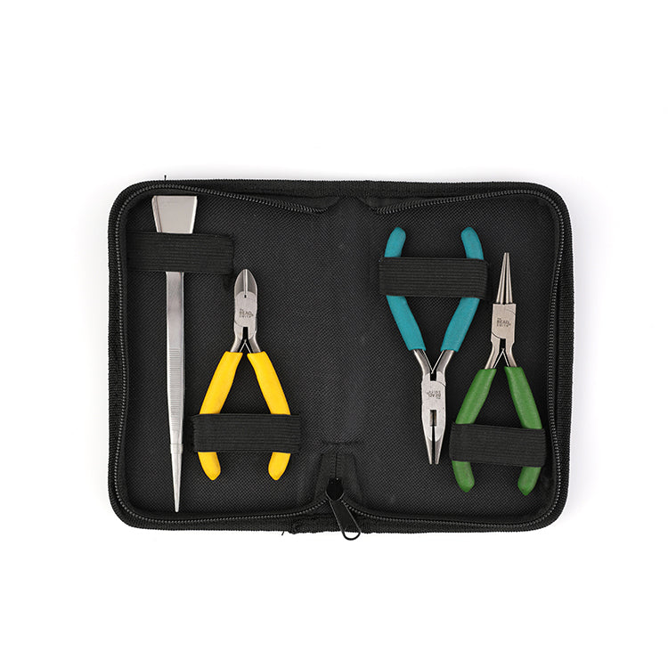 Three-piece watch accessory plier set with side cutting, round, and flat halfround tips in carrying case for precision repairs.