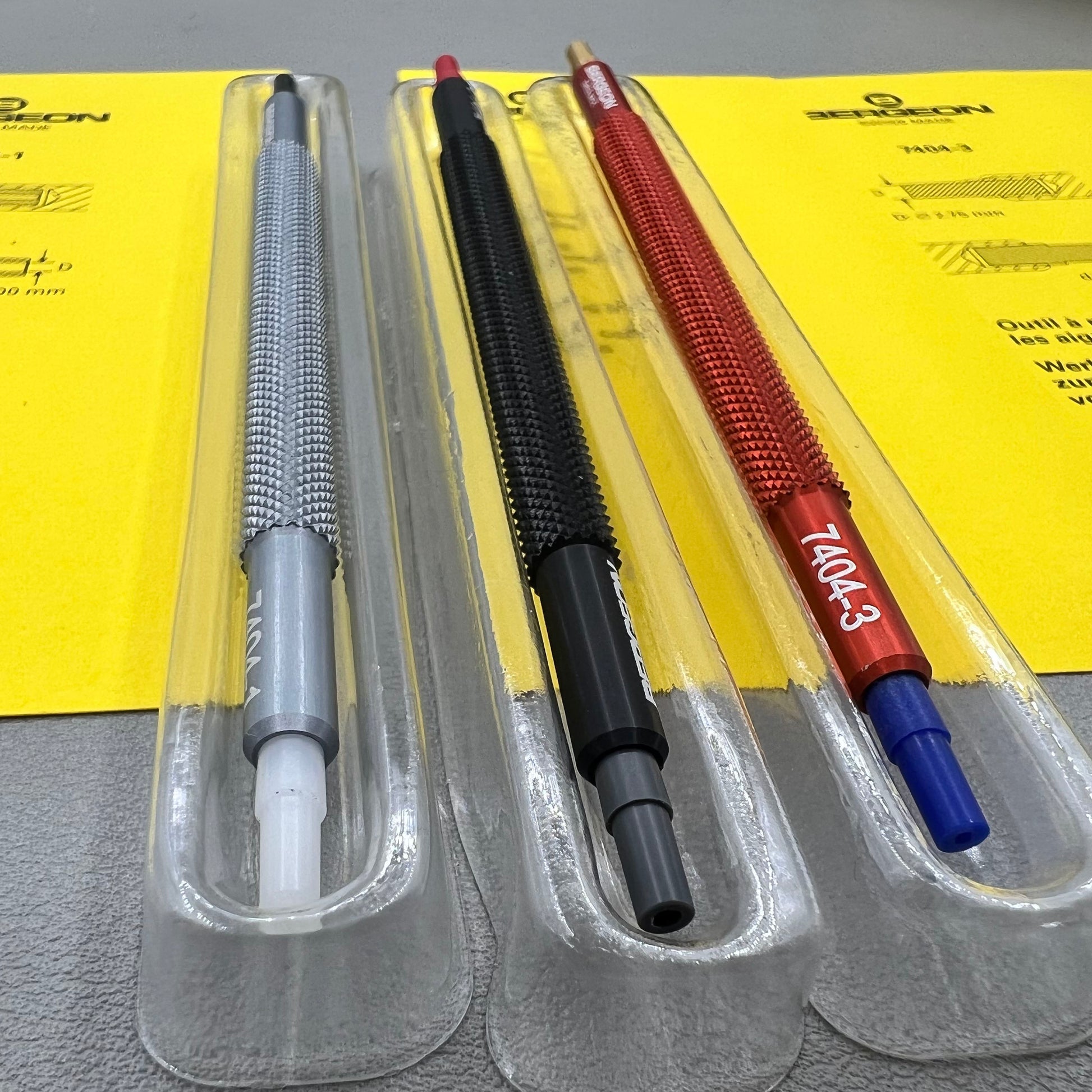 Swiss Bergeon 7404 watch hand fitting tools, precision set of 3 for professional watch repairs.